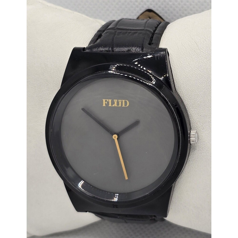 Men's Flud Minimalist Round Black Dial Case Quartz Black Leather Strap Watch 04 - Picture 2 of 9